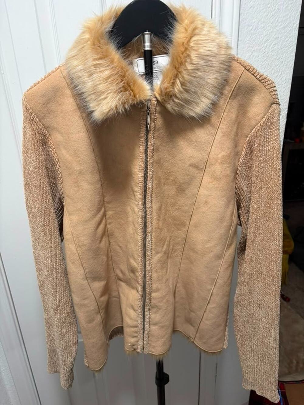 Y2K Lisa International Faux Fur Collar Suede Knit Zip Up Jacket